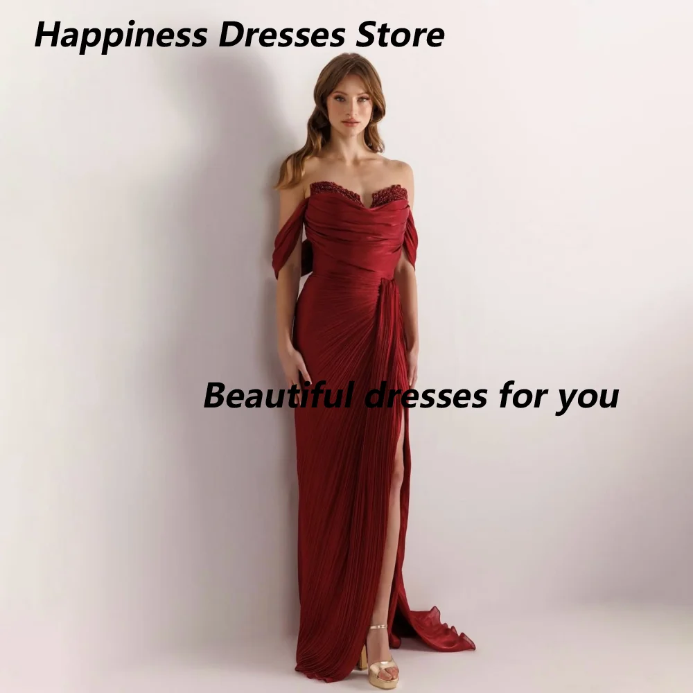 Customized Burgundy Off Shoulder Beaded Neck Mother Of Bride Dresses Pleated High Slit Mermaid Train Formal Wedding Guest Gown