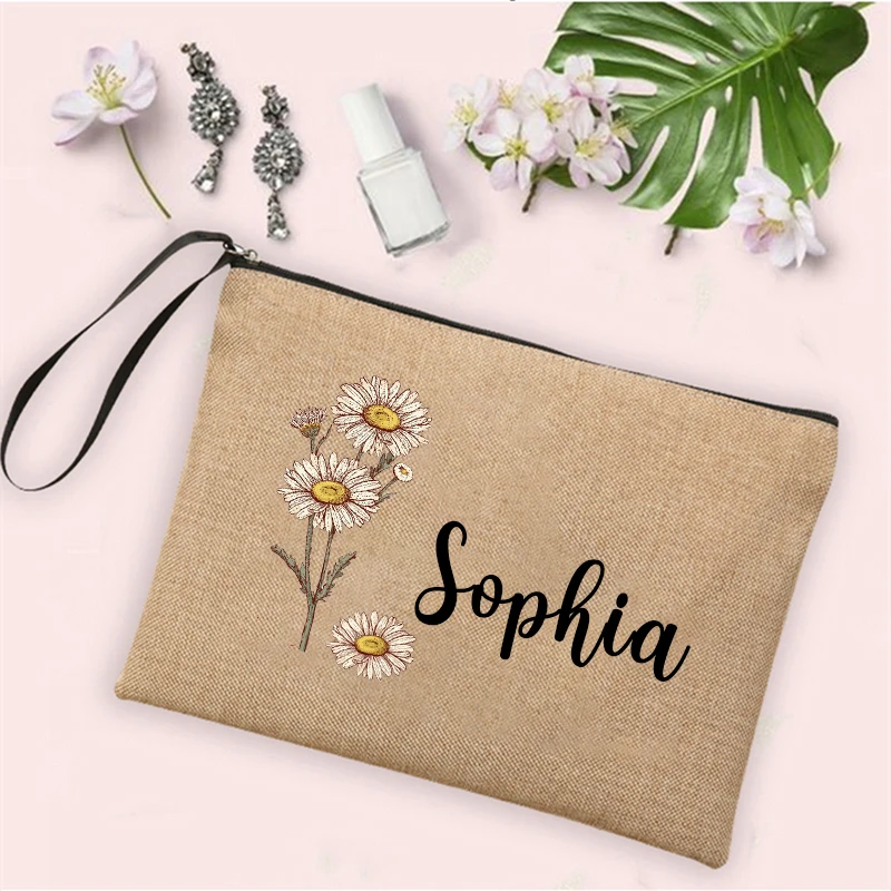 Personalised Birth Month Flowers Makeup Bag Travel Neceser Zipper Pouch Customized Name Toiletry Organizer Birthday Gift for Her