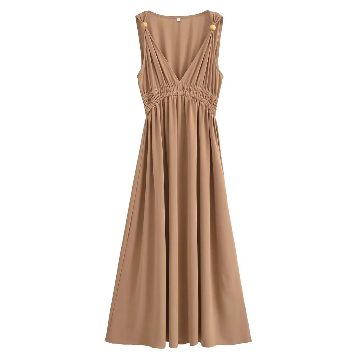 

Women's Summer New Fashion Beaded Decoration Draped Pleated V Neck Midi Dress Retro Sleeveless Women's Dress Mujer