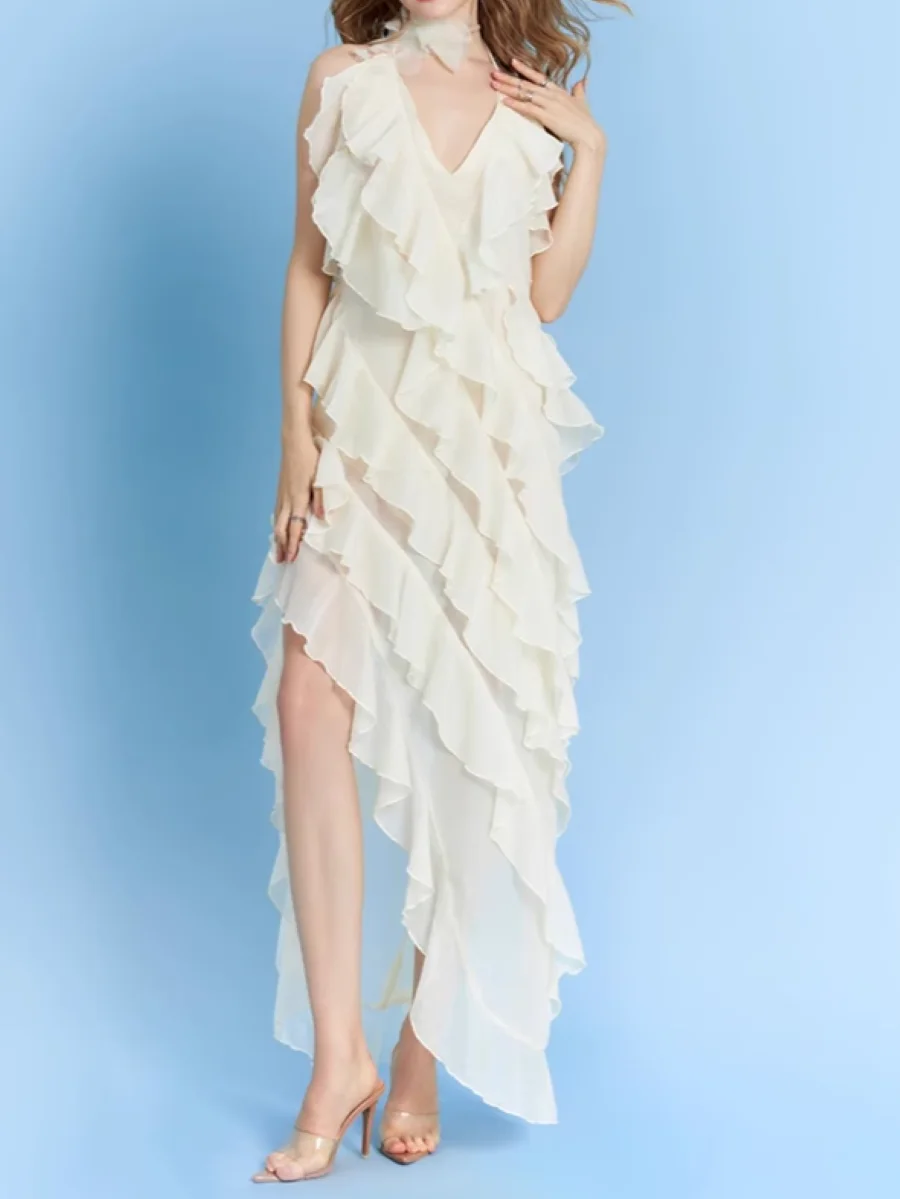 

Multi-layer Ruffles Women's Maxi Dress Irregular Hem Halter V-Neck Sleeveless Backless Beach Style Robe