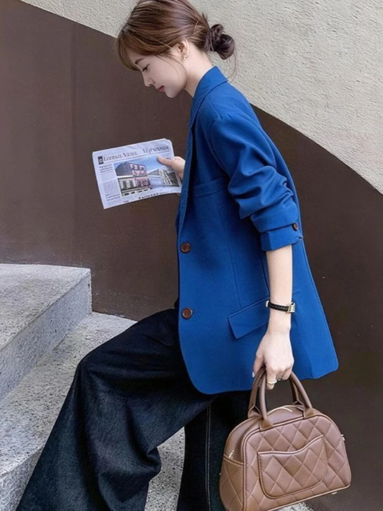 Blazer azul Klein para mujer, ideal para primavera y otoño, de corte holgado, para uso casual y en la oficina, una prenda de moda versátil que estiliza la figura, perfecta como ropa de trabajo y para llevar como abrigo.