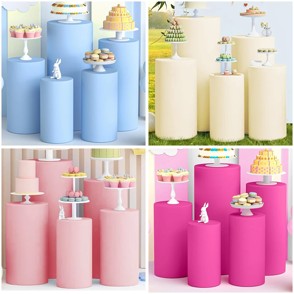 

Solid Color Cylinder set Covers Dessert Cake Table Backdrop Custom Birthday Wedding BabyShower Party Decor Elastic Fabric