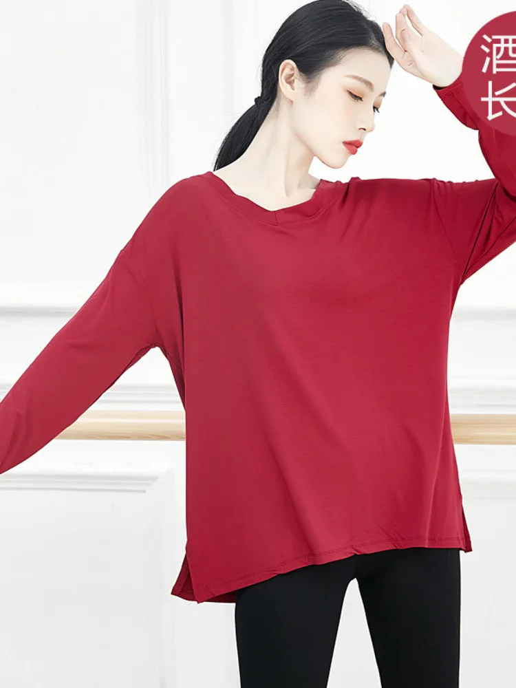 Camicia da pratica di danza moderna con scollo tondo in tinta unita, vestibilità ampia, manica lunga, comodo costume da balletto per spettacoli teatrali