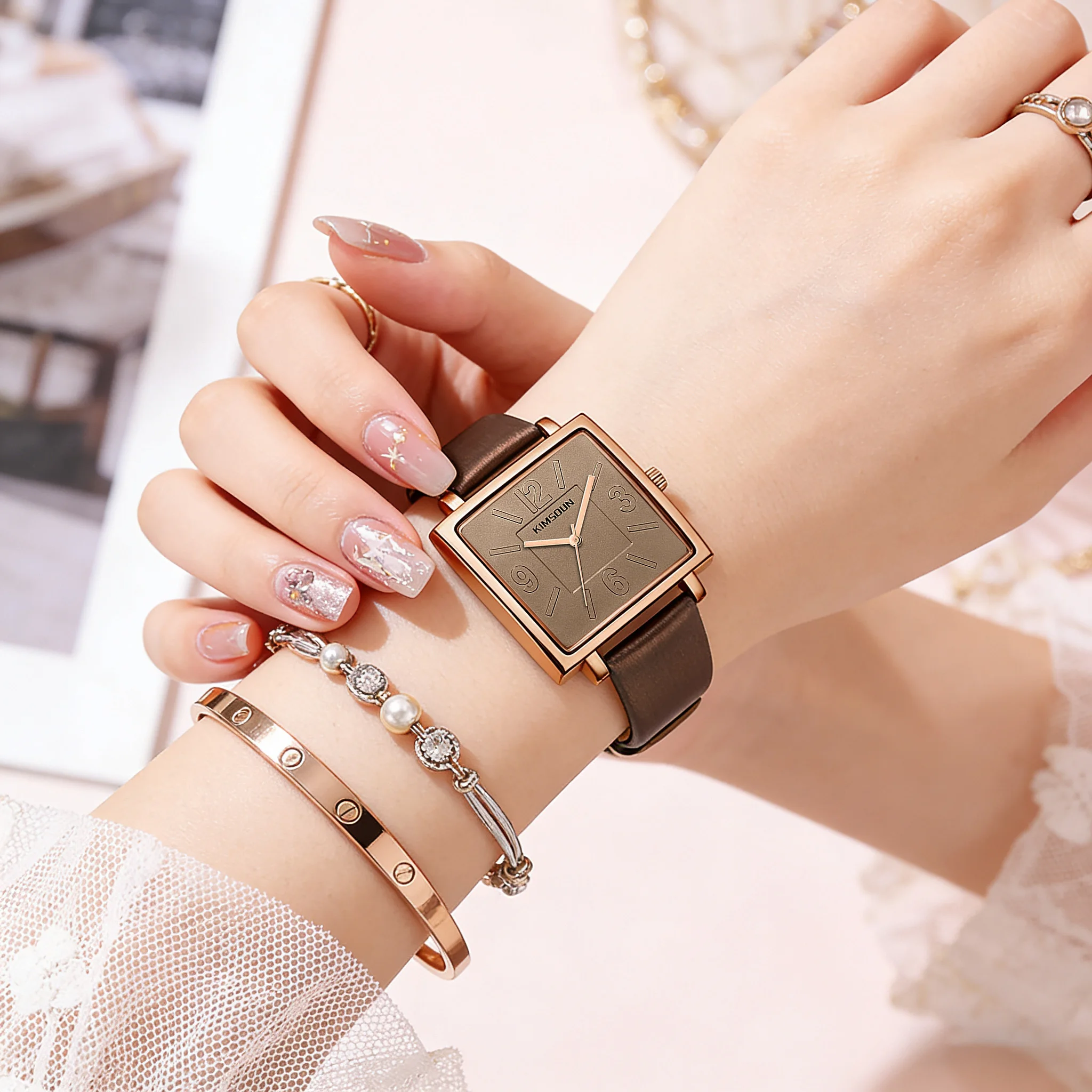 KIMSOUN Women Square Quartz Wristwatch Rose Gold Case Black Genuine Leather Strap Analog Watch Minimalist Casual Dress Waterproo view 5
