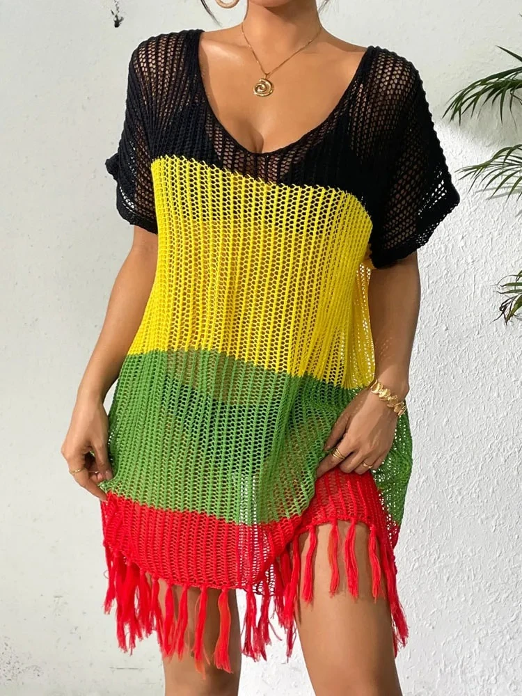 Women Solid Patchwork Bikini Cove Up Short Sleeve Lady Beach Dress Female Tassels Brazilian Swimsuit Cover-Ups