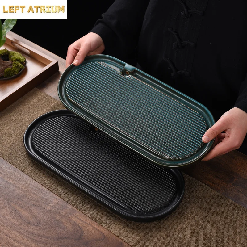 

Ceramic tea tray Small household tray Kung Fu tea set Japanese retro rectangular water storage and drainage tea tray