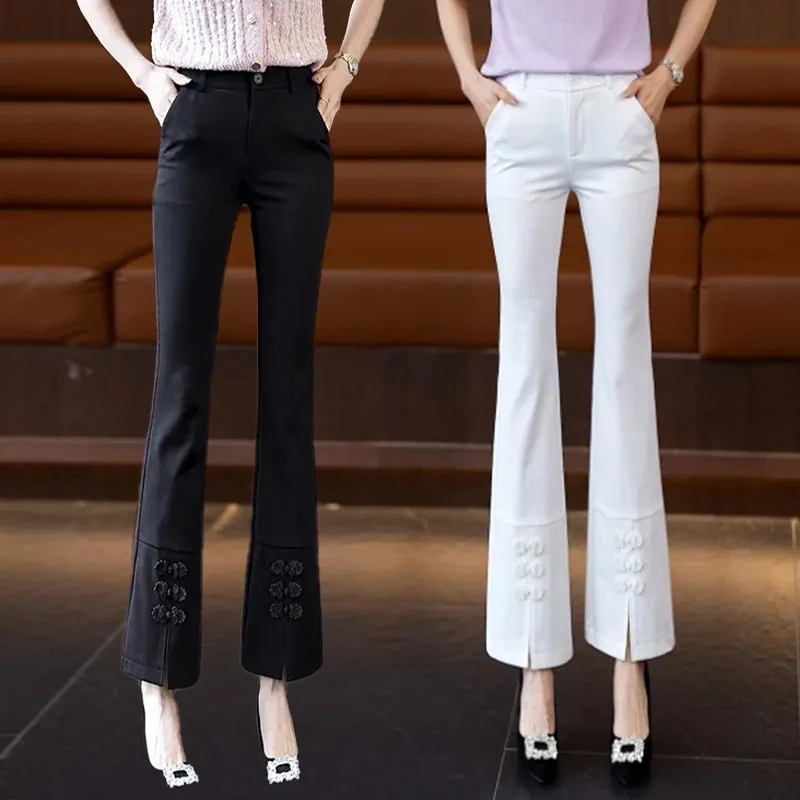 

2024 Spring Summer Ladies Pants High Waisted Temperament Forking Women's Trousers Elegant Appear Thin Ladies Micro Flared Pants