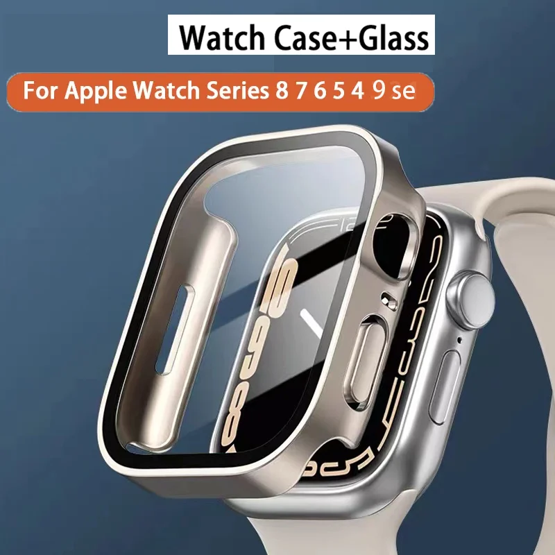 Glass+Case for Apple Watch 9 8 7 45mm 41mm 44-40mm Screen Protector Waterproof Cover Straight Edge Bumper iWatch Series 4 5 SE