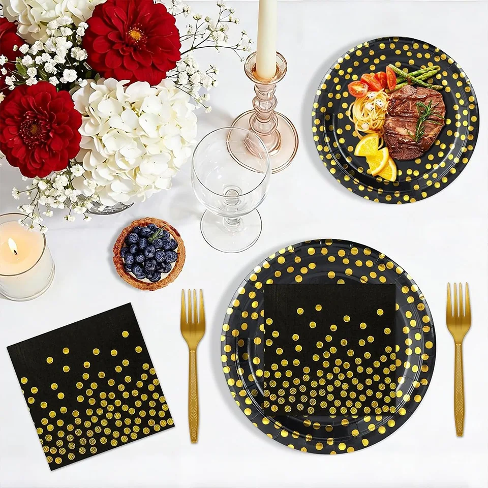 Black Gold Foil Dot Disposable Dinnerware Set Paper Plates Cups Napkins Forks Knives Party Tableware for Birthday Wedding