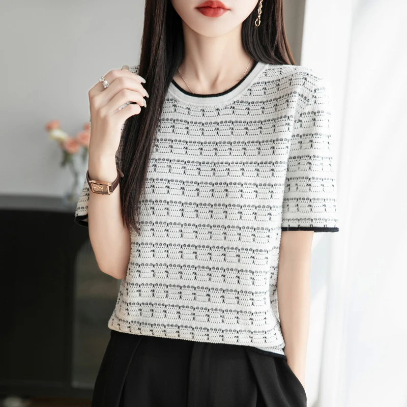 Summer New Knitted 100% Cotton Short Sleeve Vest Round Neck Women's T-shirt Tops Casual Stripe Blouse Loose Head Tees