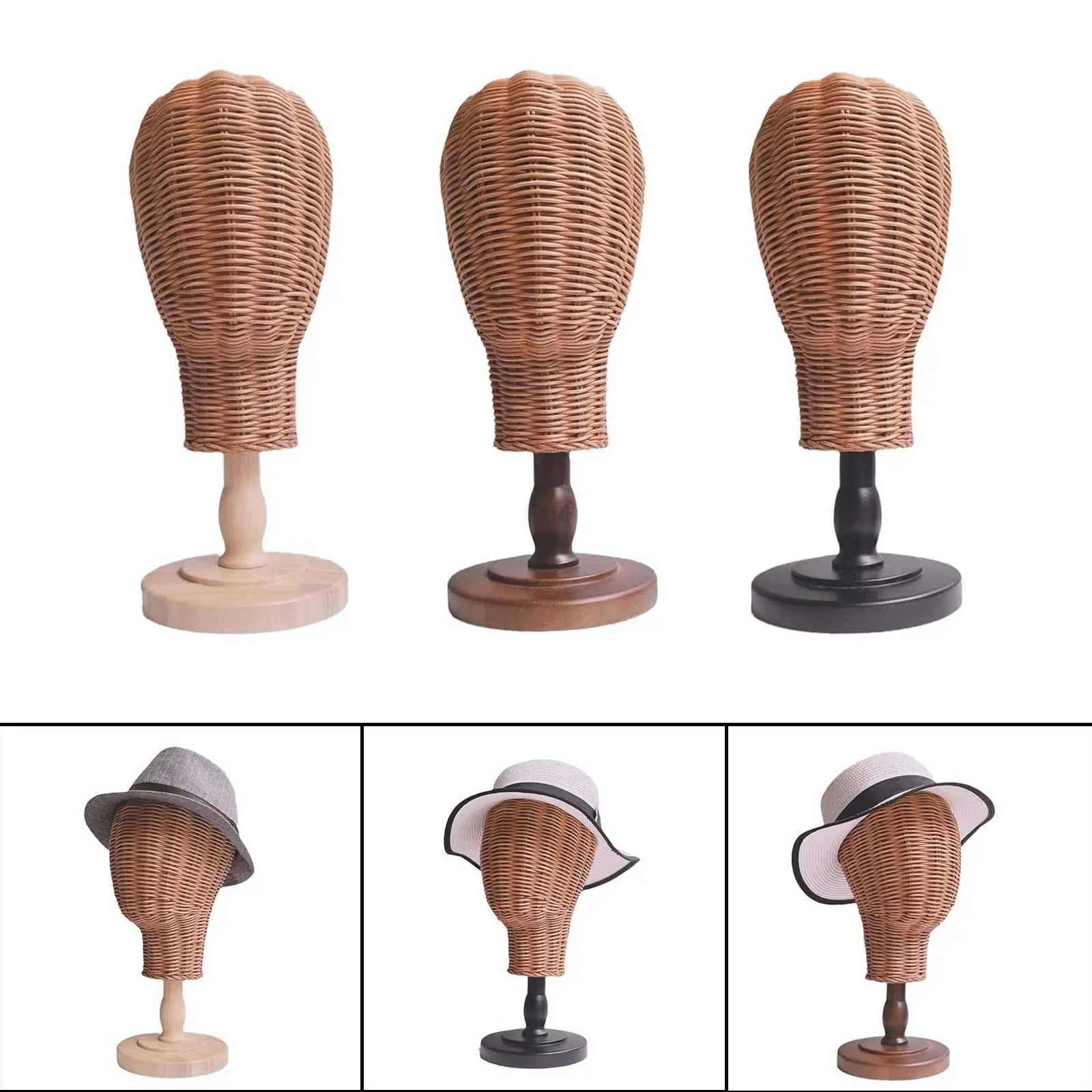 Rattan Mannequin Head Hat Display Holder,Unique,Decorative,Portable Fashion Rustic Rack Cap Hair Wig Stand for Hair Salon