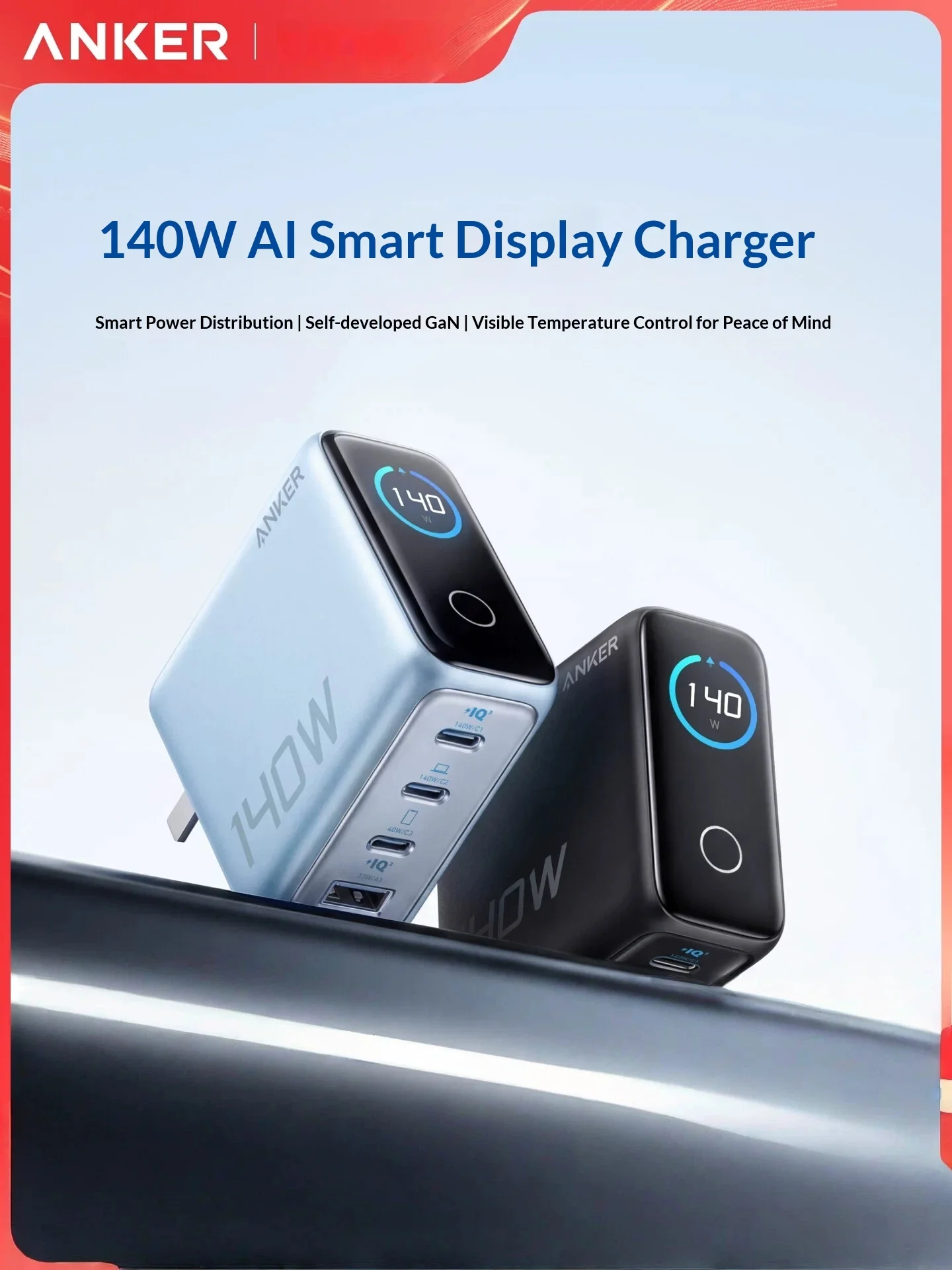 Cargador GaN Anker de 140W/100W con Pantalla AI, Adaptador de Carga Rápida Multipuerto PD para MacBook, Laptop, Tablet, Teléfono Inteligente Apple