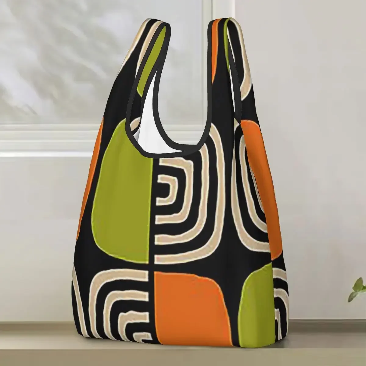 Half Concentric Circle Pattern Black Orange Green And Beig Portable Tote Bags Foldable Shoulder Shopper Bag Groceries Handbag