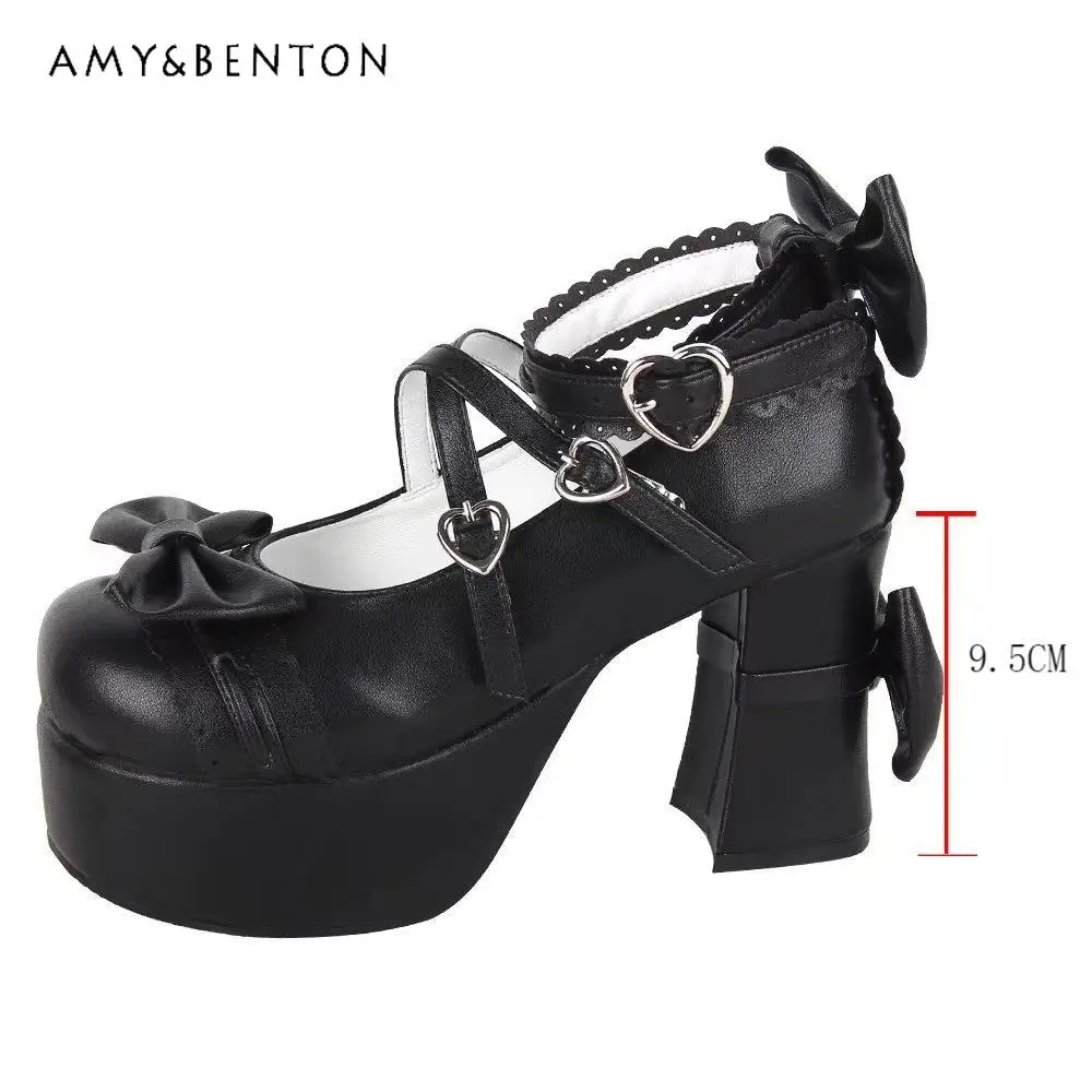 لوليتا نمط جولة تو الضحلة عالية الكعب الحلو لطيف القوس جولة تو الدانتيل القلب مشبك سميكة وحيد ماري جين أحذية بولي PU حذا فردي للسيدات