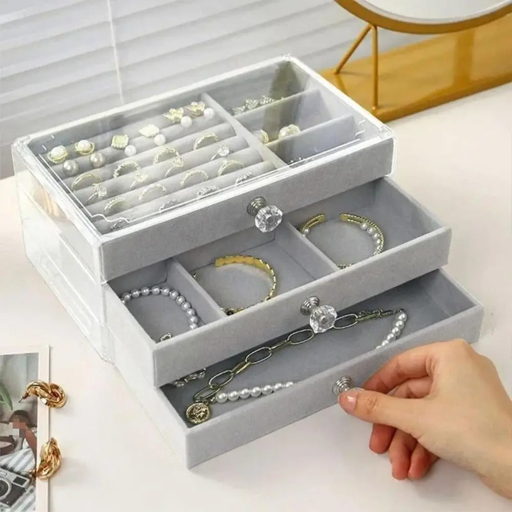 

High-Capacity Flannel Jewelry Box 3-Layer Acrylic Earrings Necklaces Storage Transparent Oxidation-resistant