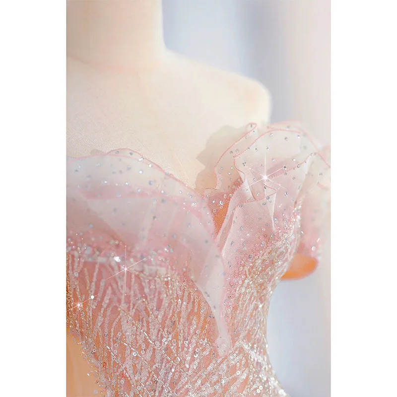 Elegant Pink Fleeing Princess Evening Gown Women's High-End Luxury Engagement Toasting Dress Slimming Long Wedding Dress