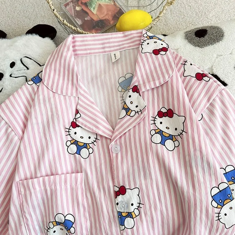 طقم بيجامات نسائي كارتون سانريو هالو كيتي شورت قصير الأكمام صيفي وردي أبيض مخطط ملابس منزلية بدلة نوم للطلاب