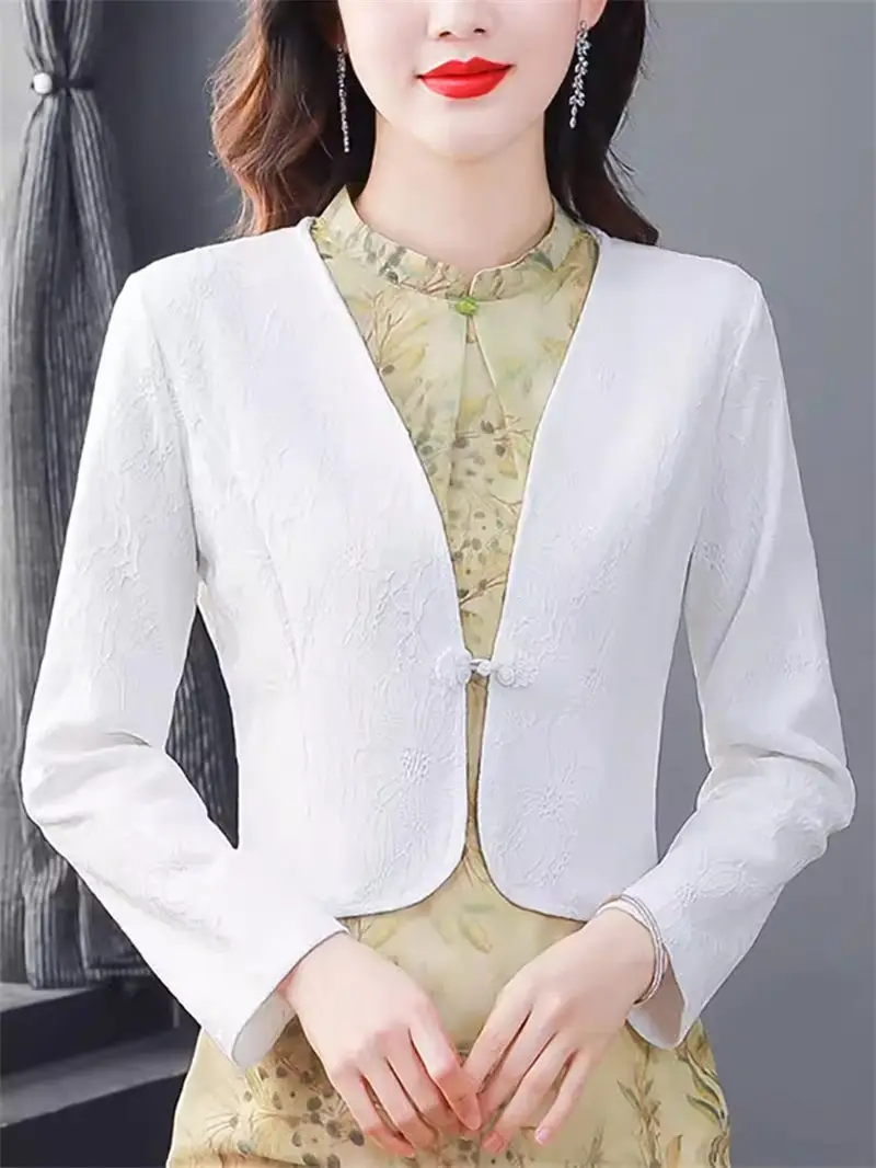 New Popular Small Suit Jacket For Women Qipao Coat 2024 Spring Autumn V-Neck Cardigan Retro Button Short Top K410