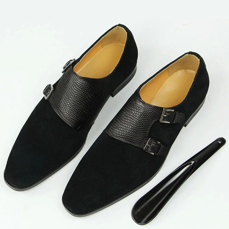 Black Elegant Cow Suede Monk Autumn Men Leather Shoes Single Fashion Classic Buckle Handmade Characteristic Adult Loafers