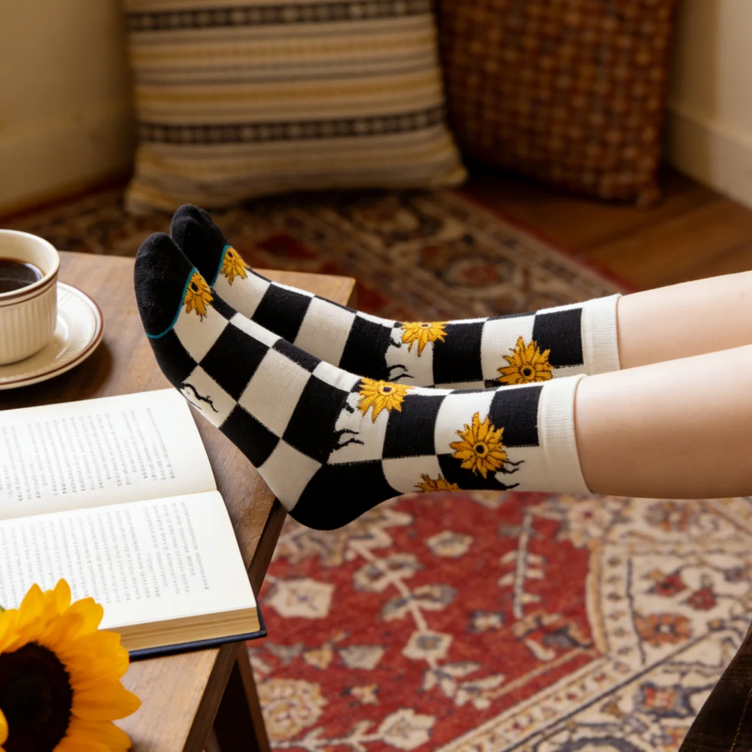 1 Pair Of Women’s Mid socks featuring Sunflower Design Paired with black-and-white Check, Stylish and Distinctive