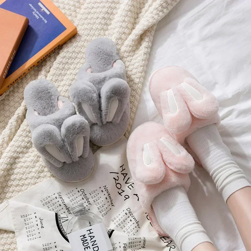 Women Men Winter Warm Slippers Cartoon Rabbit Furry Thick Soled Slippers Home Cotton Shoes Couples Non-Slip Faux Fur Slides