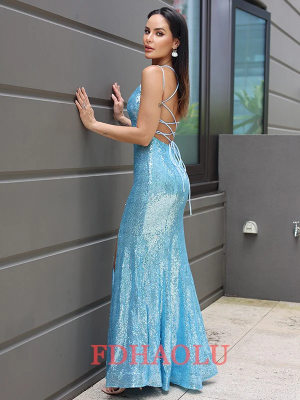 Luxury Sequin Slip Lace Up Long Cocktail Party Dress Backless Hollow Out V Neck Maxi Gown Celebrity Women Prom Robes