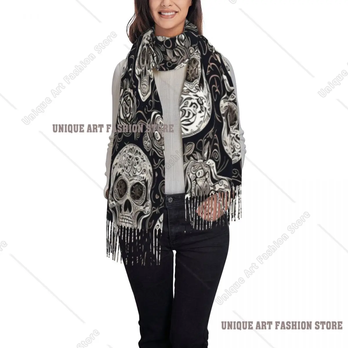 シュガースカル デイ・オブ・ザ・デッド ネオンシュガースカル スカーフ タッセル付きスカーフ 女性用ショール＆ラップ ロング 秋 冬 ショール ラップ