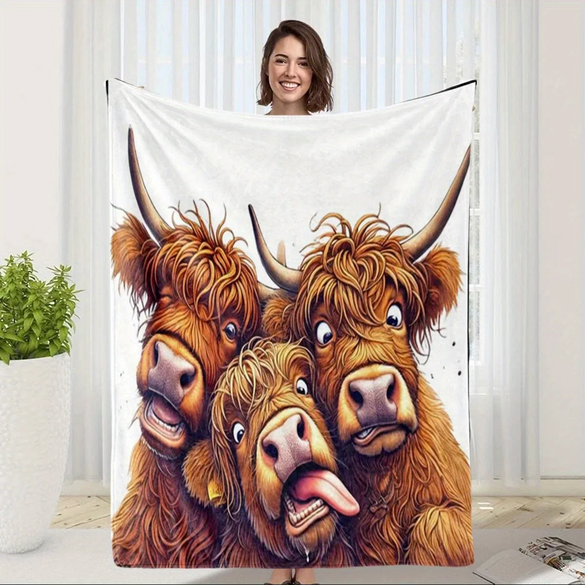 Cartoon Scottish Highland Cow Print Fleece Blanket, Soft Comfortable Flannel Throw, Perfect Gift for Birthdays and Friends