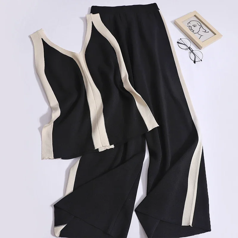 Women Summer Casual Loose Knit Two-piece Set Contrast Color Striped Split Tops and Solid High Waist Wide Leg Pants Office Outfit