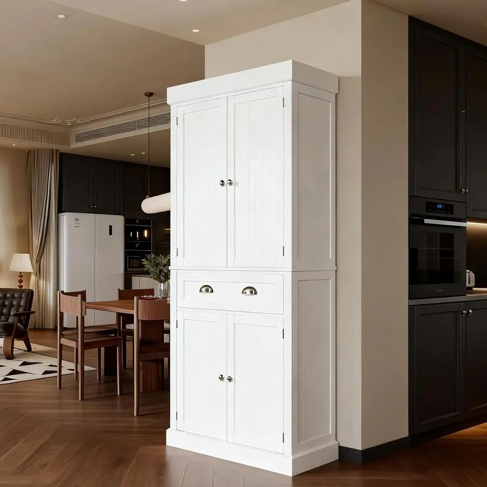 71-Inch White Storage Cabinet with Drawers, Adjustable Shelves, Wooden Pantry for Kitchen