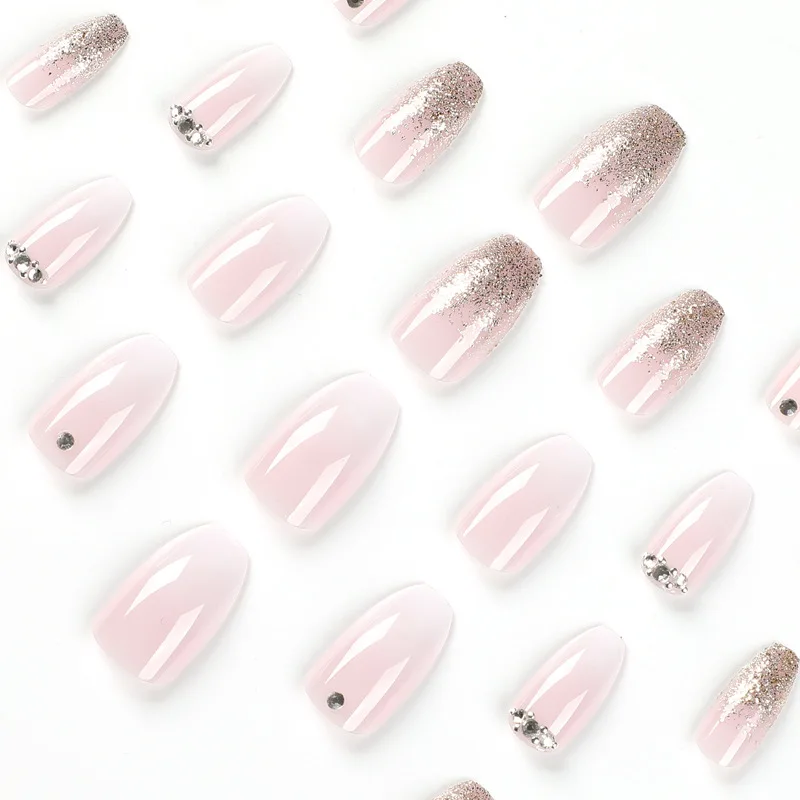 24Pcs Gradient Nude Pink Press on Nail Short Gold Crushed Diamond False Nails for Women&Girl Removable wearable Nail Art