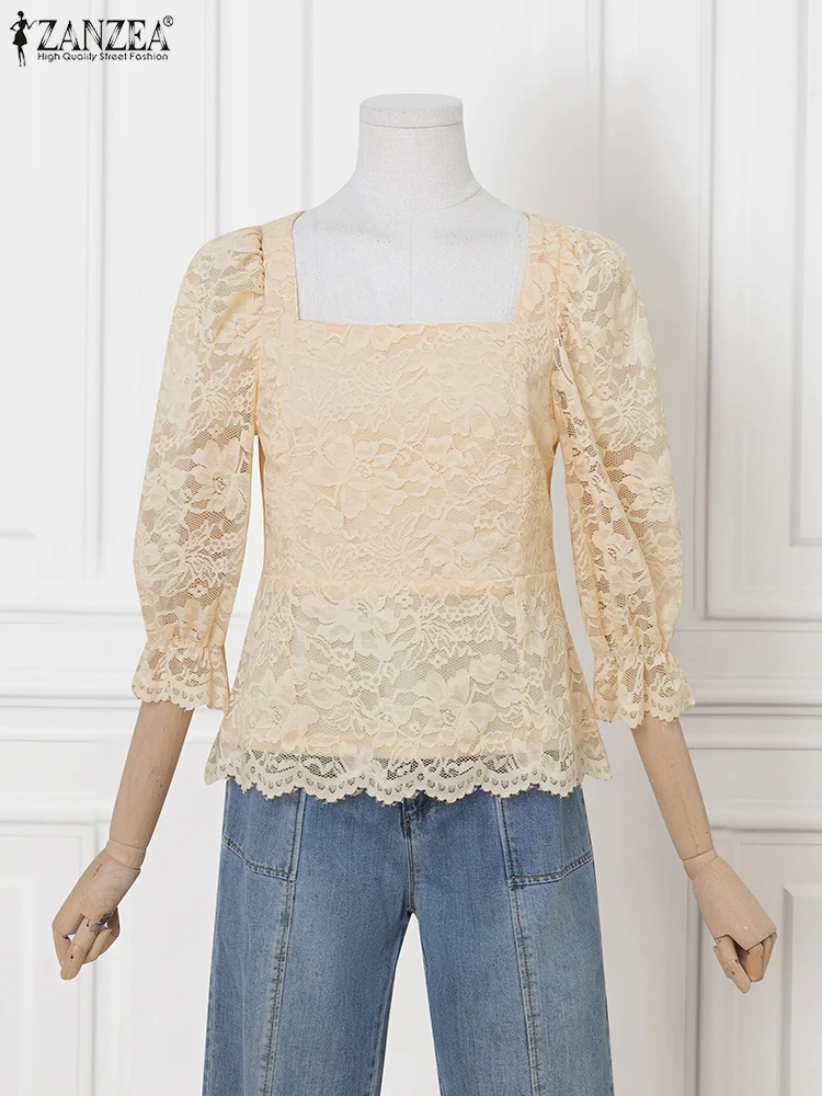 

ZANZEA Fashion Elegant Blouse Women Autumn Puff Sleeve Lace Tunic Top 2025 Casual Square Collar Office Lady OL Shirts Streetwear