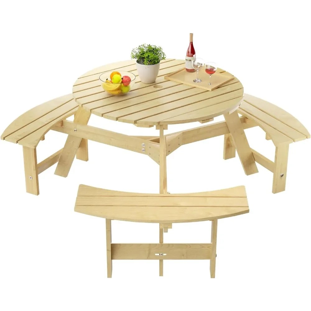 Round outdoor wooden picnic table for 8 people, with 4 built-in benches, used for terrace, backyard, garden