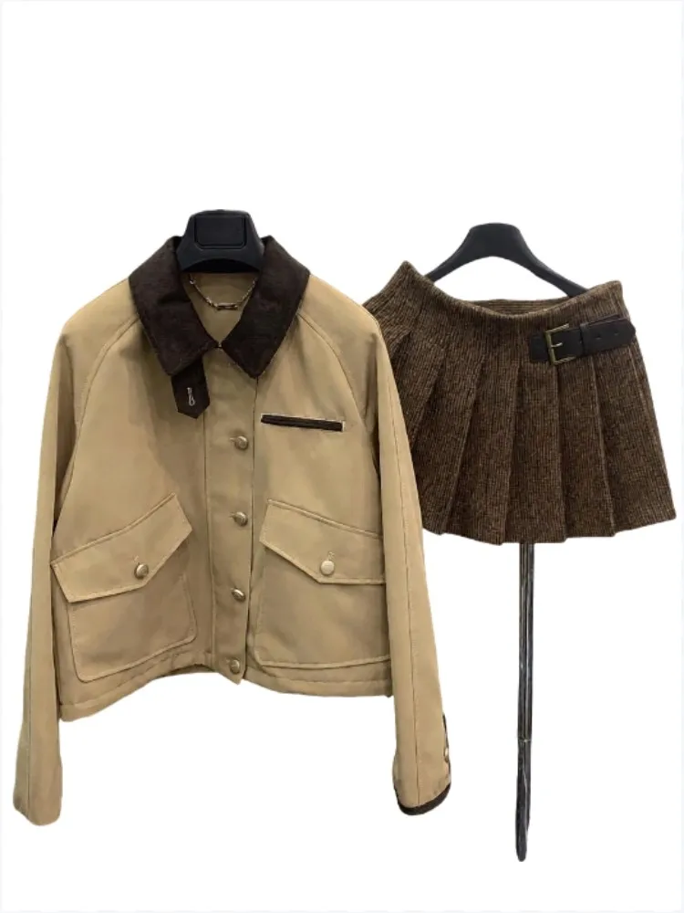 Women Retro Loose Jacket Skirt Two-Piece Set Single-Breasted Turndown Collar Coat Outfits High Quality Above Knee Wool Skirts