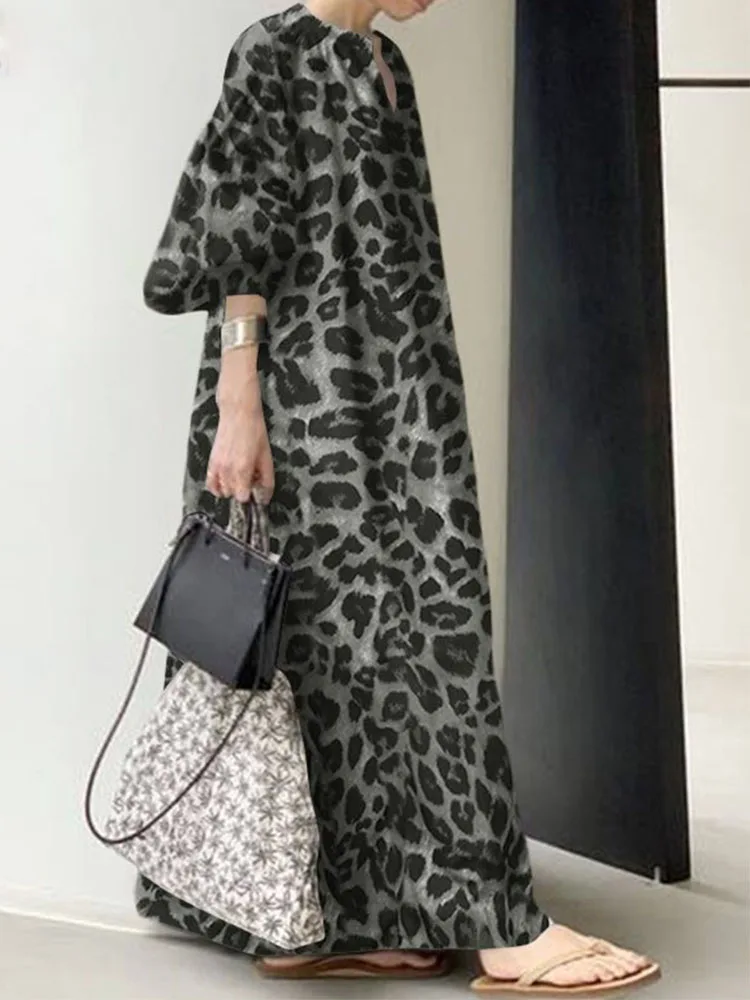 Fashion Printed Maxi Dress Women Leopard Sundress Summer Puff Sleeve Long Vestidos Female V Neck Oversize Robe