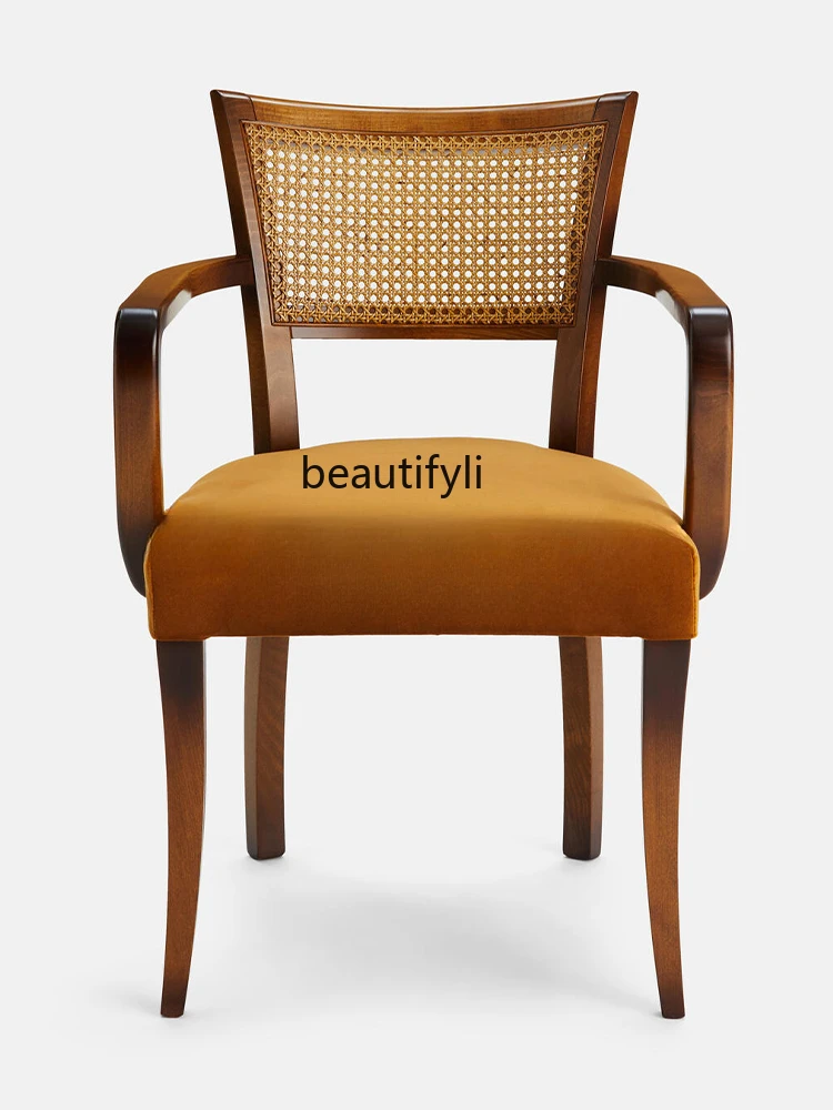 Mid-Ancient Solid Wood Dining Chair Home Nordic Retro Style Fabric Soft Bag Backrest Desk Chair Coffee Shop Chair