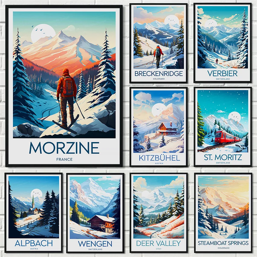 Morzine Skiing Steamboat Springs Winter Ski Resort Mountain Poster and Prints Canvas Painting Wall Pictures Home Interior Decor