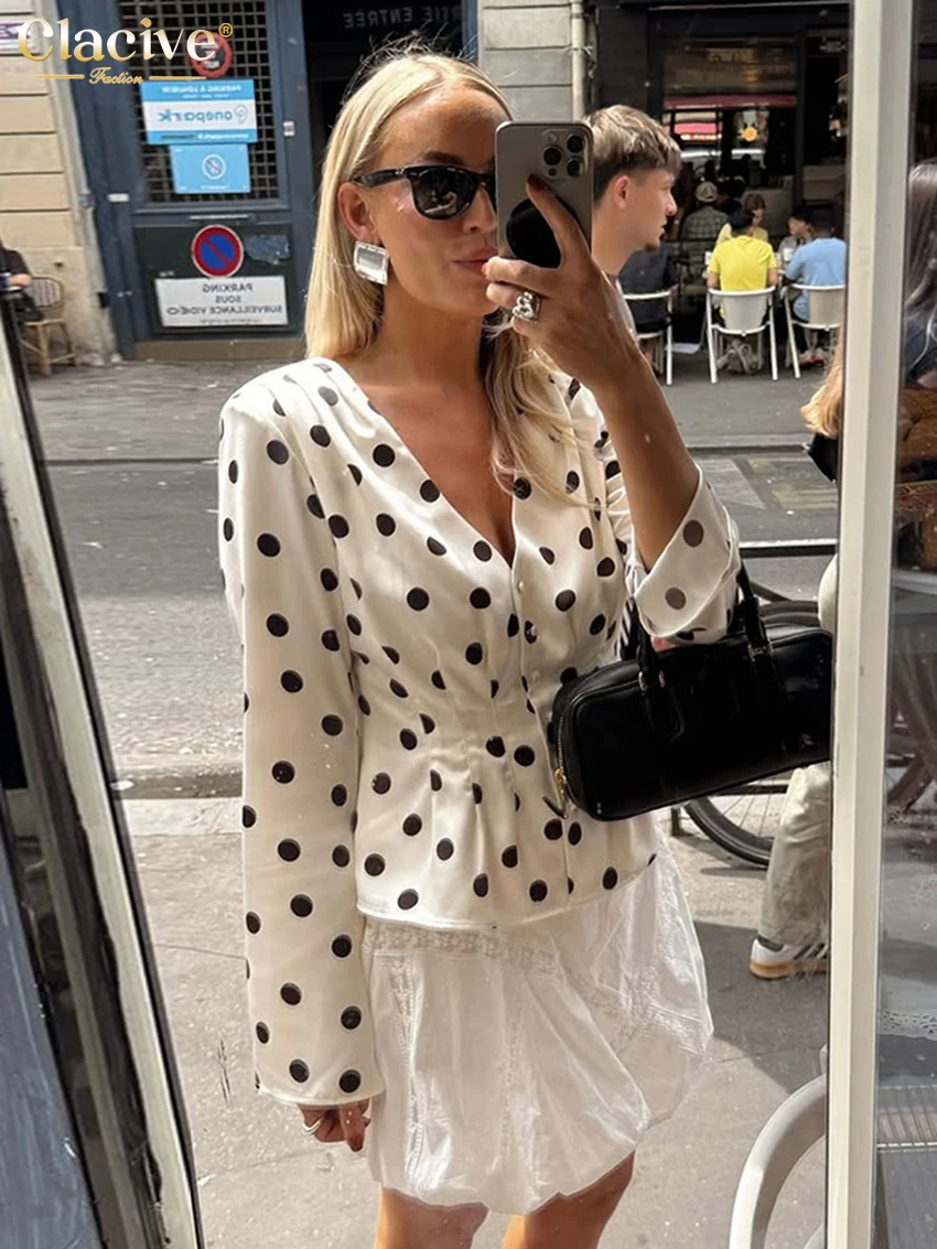 

Clacive Fashion Loose Print Women's Shirt 2025 Sexy V-Neck Long Sleeve Ladies Shirts Elegant Classic Top Female Clothing