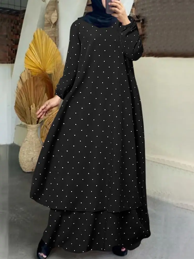 Fashion 2023 ZANZEA Women\'s Dress Autumn Fashion Muslim Dresses Party Polka Dot Layer Vestidos Kaftan Long Maxi Dress Streetwear