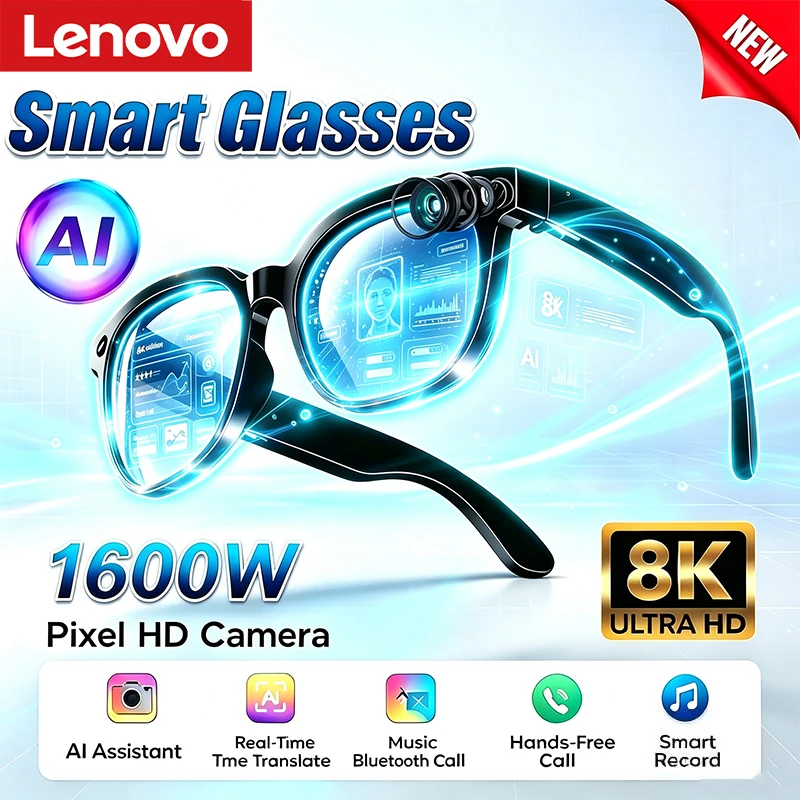Lenovo AI Smart Glasses 1600W HD Camera Bluetooth Glasses Language Translation Calling Voice Assistant Adults Sunglasses New