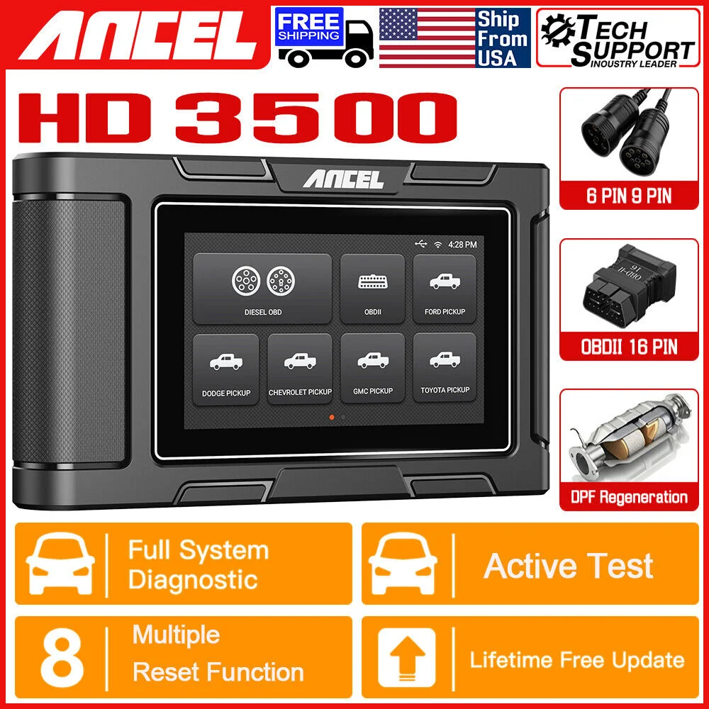 ANCEL HD3500 Pickup Light Truck OBD2 Scanner All System Diesel Diagnostic Tool for GMC/Ford/Toyota/Honda/Nissan DPF Regen Active