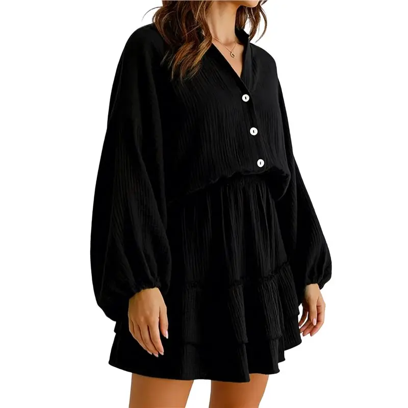 

Летние платья CYL для женщин: струящиеся, с рюшами, длинными рукавами, V-образным вырезом, многоярусные, повседневные, пляжные, мини-платья