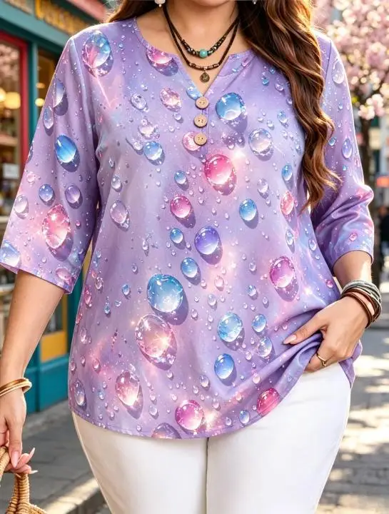 Women V‑Neck Half Button 3/4 Sleeve Top 3D‑Printed Fluid Marble Bubble Art Print Casual Daily