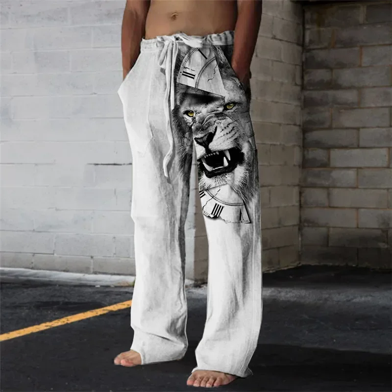 Summer fashion new men\'s wide-leg pants lion print handsome loose casual pants daily comfortable bamboo linen men\'s trousers