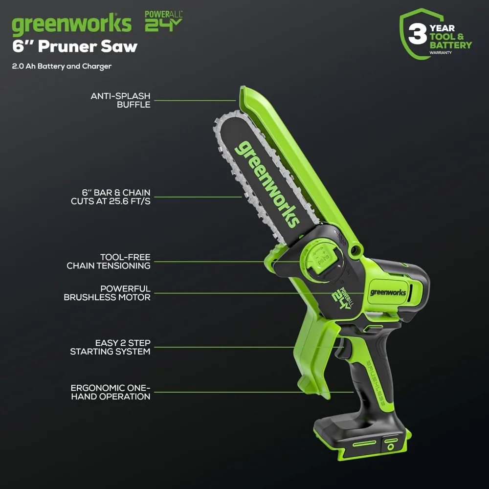 منشار كهربائي Greenworks 24V Compact 6، بطارية 2.0 أمبير في الساعة متضمنة لتقليم الأشجار