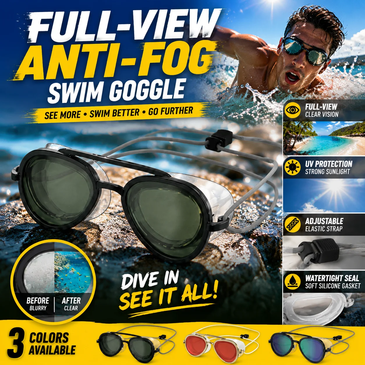 Lunettes de natation anti-buée à vision complète, protection UV, étanches, avec joint en silicone, sangle élastique réglable, large champ de vision