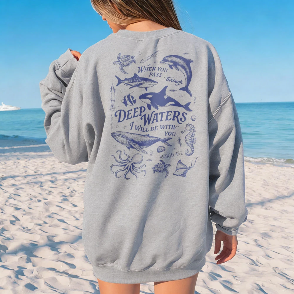 

Толстовка с христианским библейским стихом "Когда ты проходишь сквозь глубокие воды", женский пуловер, теплый, повседневный, свободный крой