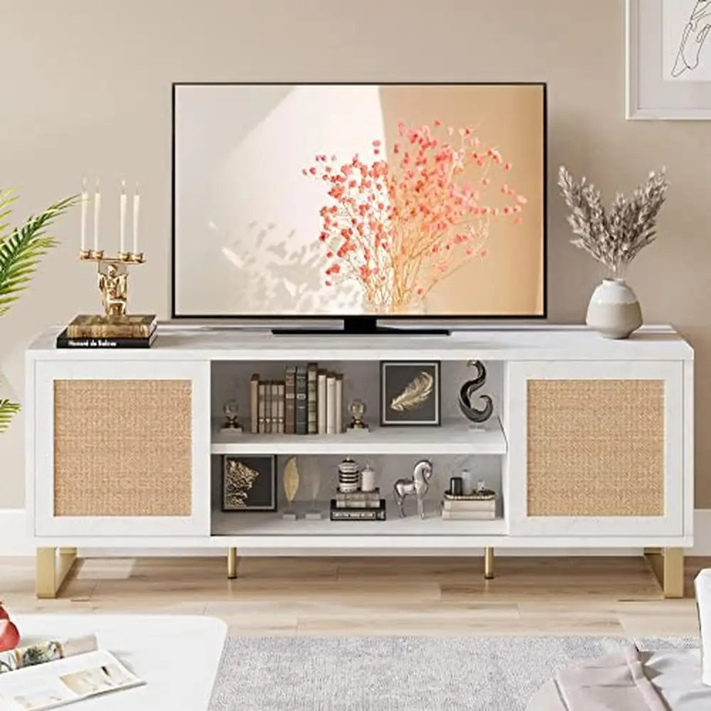 Sleek Boho-Chic Rattan TV Cabinet White High-grade Material 65