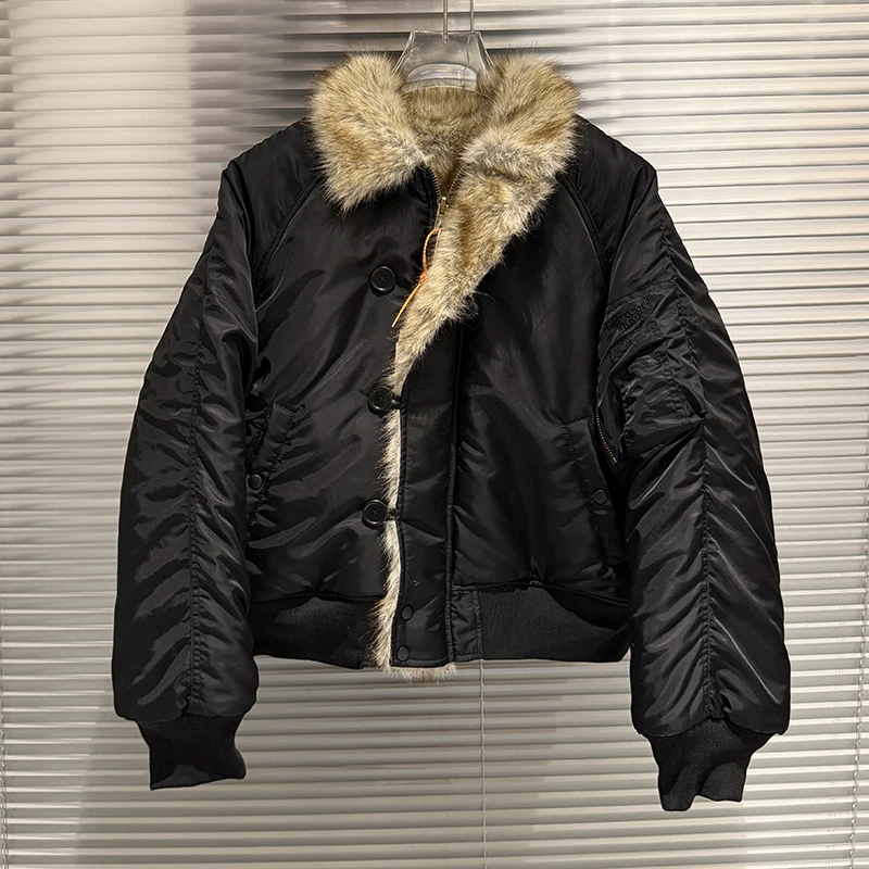 Padded Coat with Faux Fur Collar Protocol Cropped Bomber Jacket Korean‑Style Japanese Streetwear Outfit Jackets Men Women