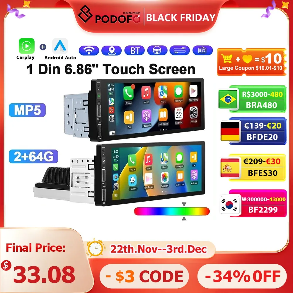 Podofo 6.86'' 1Din Car Radio Multimedia Player MP5 Radio Wireless/Wired Carplay Android Auto Bluetooth FM Mirror Link Car Stereo